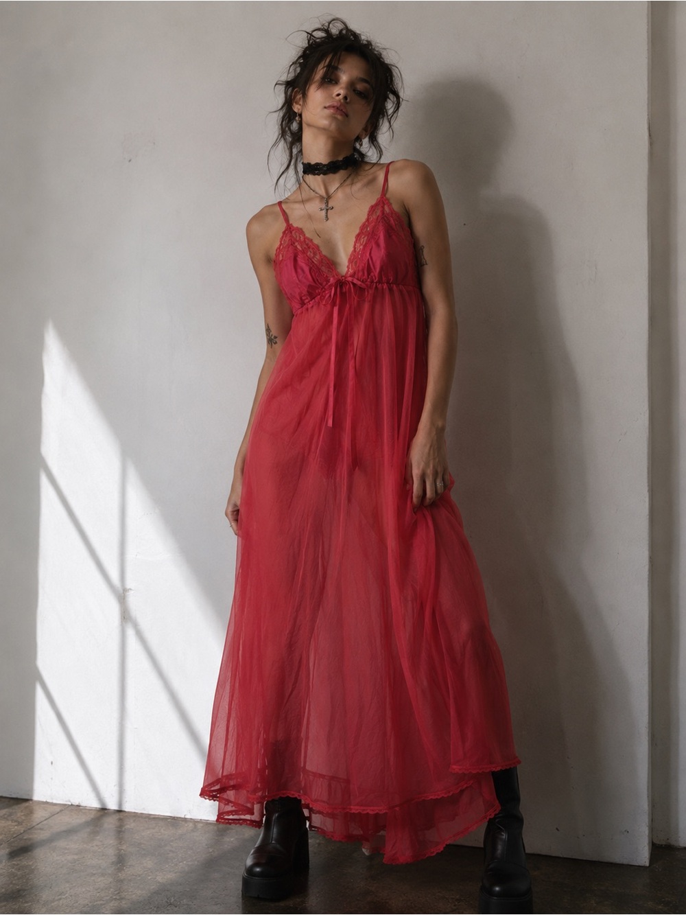 Vintage Red Sheer Lace-Trim Maxi Slip Dress - Picture 1 of 3